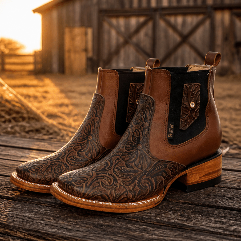 A&A Western Wear Women’s Chelsea Ankle Boots, Leather with Hand-Tooled Floral Vamp, Square Toe - Brown - OriginalWestern.com