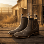 A&A Western Wear Women’s Chelsea Ankle Boots, Leather with Side Concho and Cream Toe Stitching, Square Toe - Brown - OriginalWestern.com