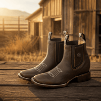 A&A Western Wear Women’s Chelsea Ankle Boots, Leather with Side Concho and Cream Toe Stitching, Square Toe - Brown - OriginalWestern.com