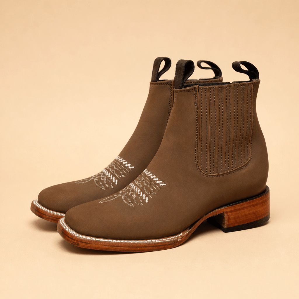 A&A Western Wear Women’s Chelsea Ankle Boots, Nubuck with Cream Toe Stitching, Square Toe - Hazelnut - OriginalWestern.com
