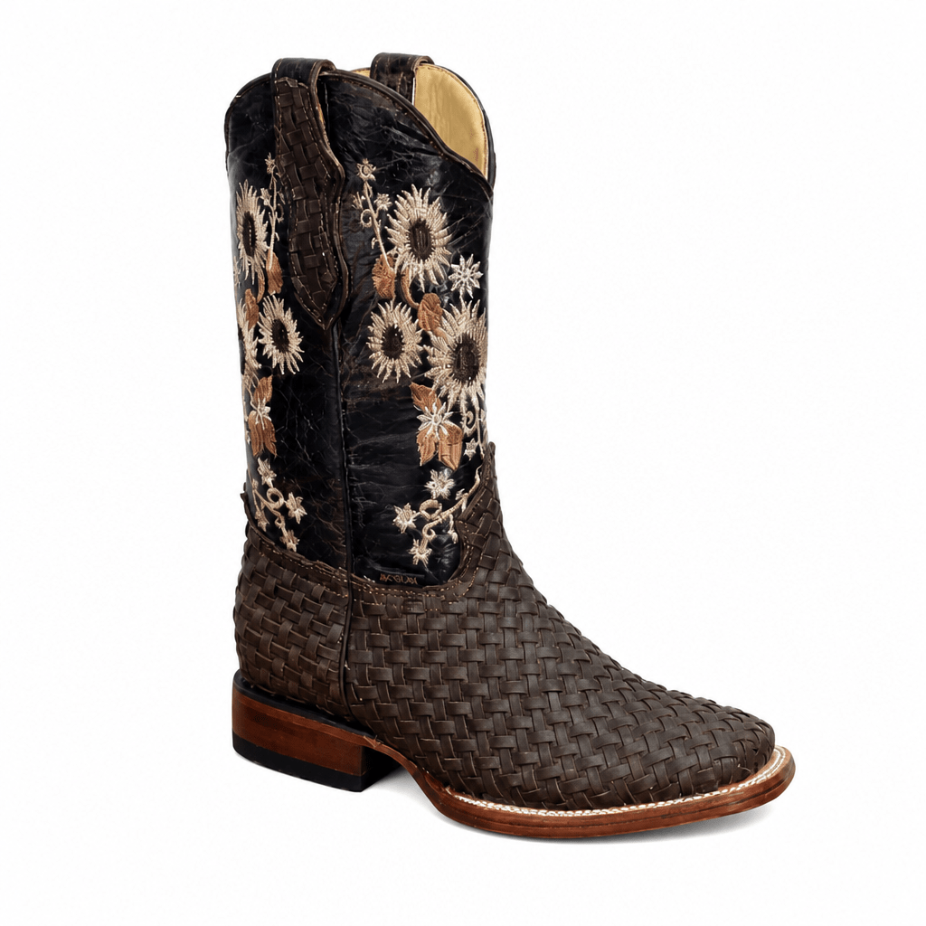 A&A Western Wear Women’s Handwoven Boots, Basketweave with Floral Embroidery, Square Toe - Brown - OriginalWestern.com