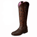 A&A Western Wear Women’s Tall Boots, Leather with Copper Floral Embroidery, Square Toe -Brown - OriginalWestern.com