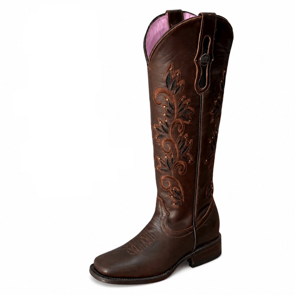 A&A Western Wear Women’s Tall Boots, Leather with Copper Floral Embroidery, Square Toe -Brown - OriginalWestern.com