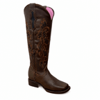 A&A Western Wear Women’s Tall Boots, Leather with Copper Floral Embroidery, Square Toe -Brown - OriginalWestern.com