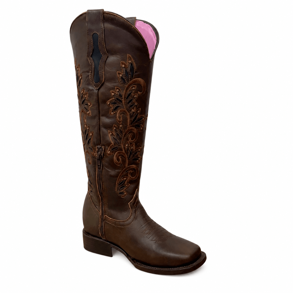 A&A Western Wear Women’s Tall Boots, Leather with Copper Floral Embroidery, Square Toe -Brown - OriginalWestern.com