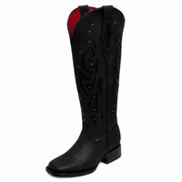 A&A Western Wear Women’s Tall Boots, Leather with Cutout Overlay and Studs, Square Toe - Black - OriginalWestern.com