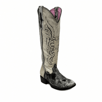 A&A Western Wear Women’s Tall Boots, Speckled Hair-On Cowhide with Embroidery, Square Toe - Gray - OriginalWestern.com