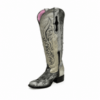 A&A Western Wear Women’s Tall Boots, Speckled Hair-On Cowhide with Embroidery, Square Toe - Gray - OriginalWestern.com