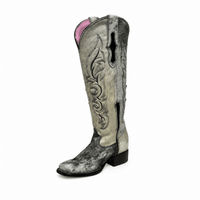 A&A Western Wear Women’s Tall Boots, Speckled Hair-On Cowhide with Embroidery, Square Toe - Gray - OriginalWestern.com