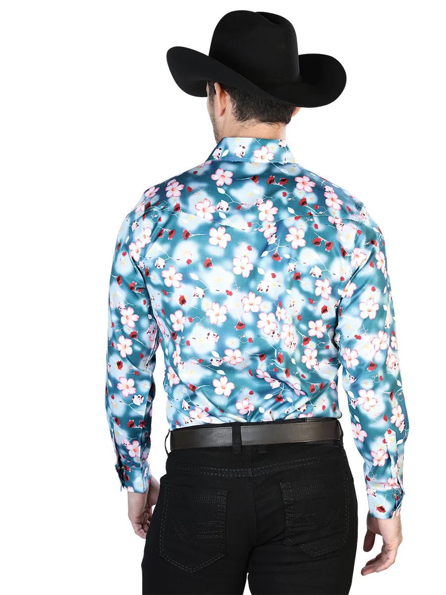 Aqua Flowers Casual Long Sleeve Shirt 43943 - OriginalWestern.com