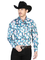 Aqua Flowers Casual Long Sleeve Shirt 43943 - OriginalWestern.com