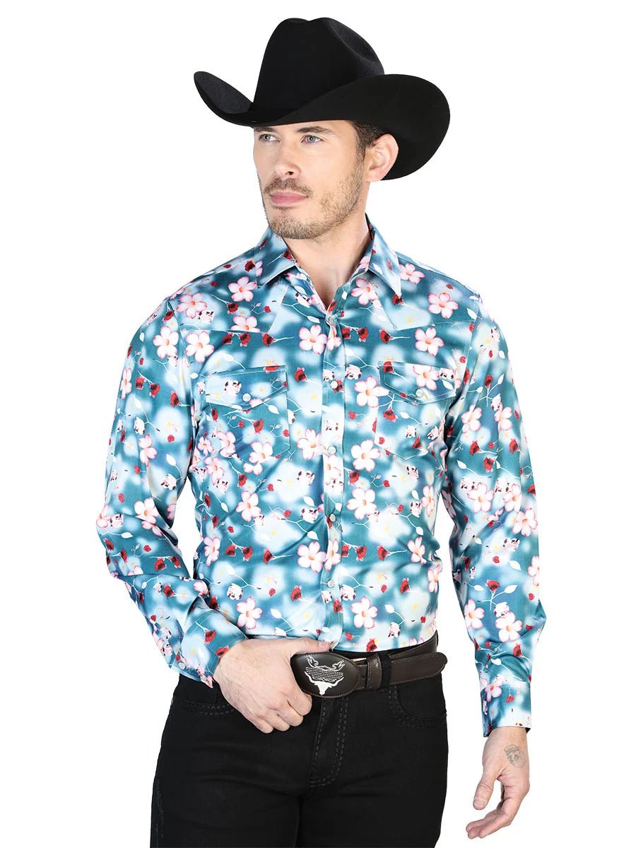 Aqua Flowers Casual Long Sleeve Shirt 43943 - OriginalWestern.com