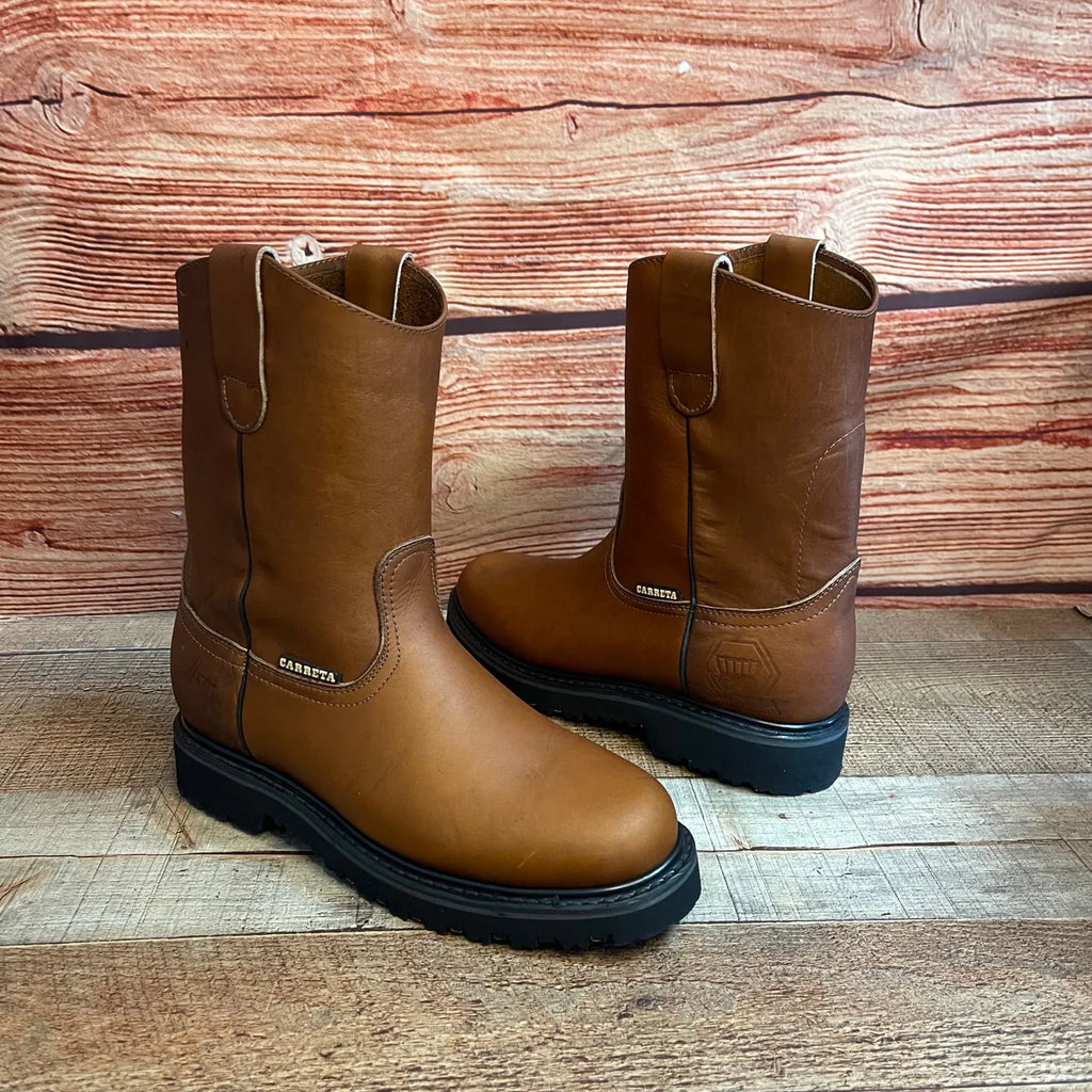 Men's Work Pull-On Steel Toe Leather Boots Truck Durable Sole Est. 410 Tan