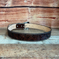 Genuine Handtooled Cincelado Leather Western Belt with Removable Buckle - Brown