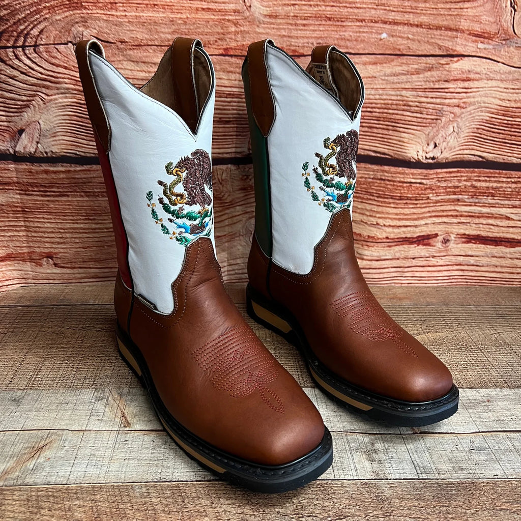 Men's Mexico Flag Leather Square Toe Cowboy Work Boot Est. 975