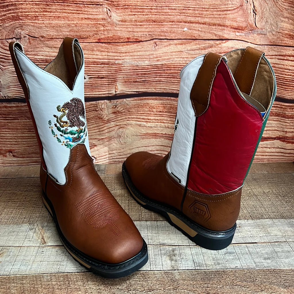 Men's Mexico Flag Leather Square Toe Cowboy Work Boot Est. 975