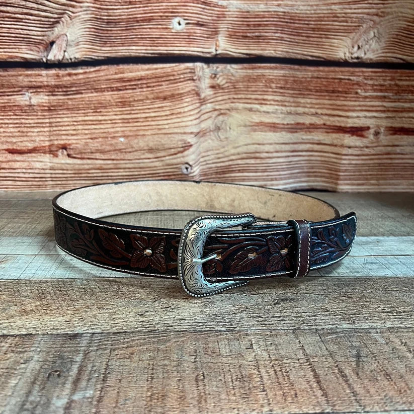 Genuine Handtooled Cincelado Leather Western Belt with Removable Buckle - Brown