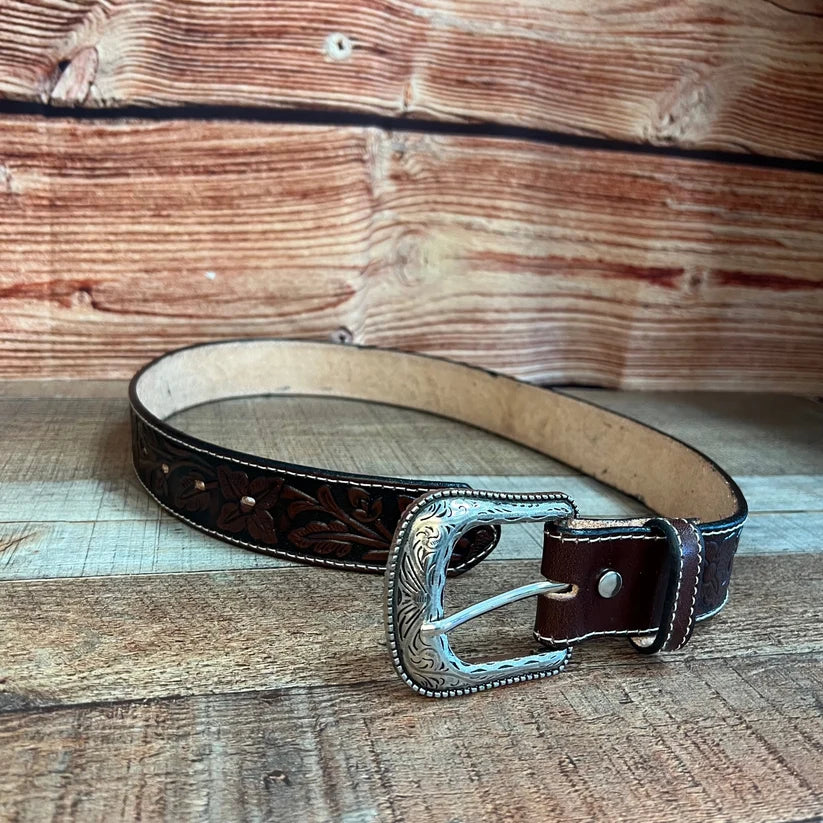 Genuine Handtooled Cincelado Leather Western Belt with Removable Buckle - Brown