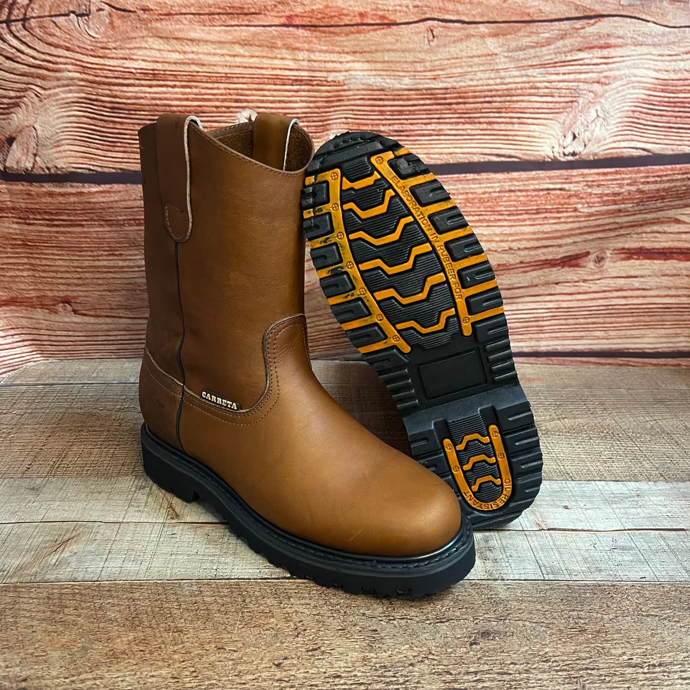 Men's Work Pull-On Steel Toe Leather Boots Truck Durable Sole Est. 410 Tan