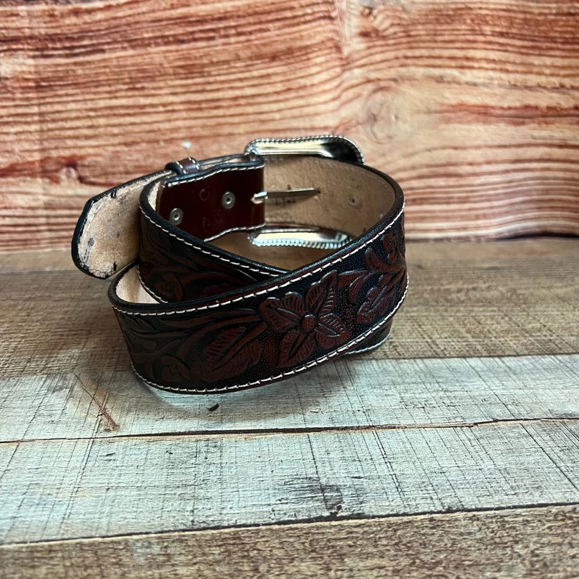 Genuine Handtooled Cincelado Leather Western Belt with Removable Buckle - Brown