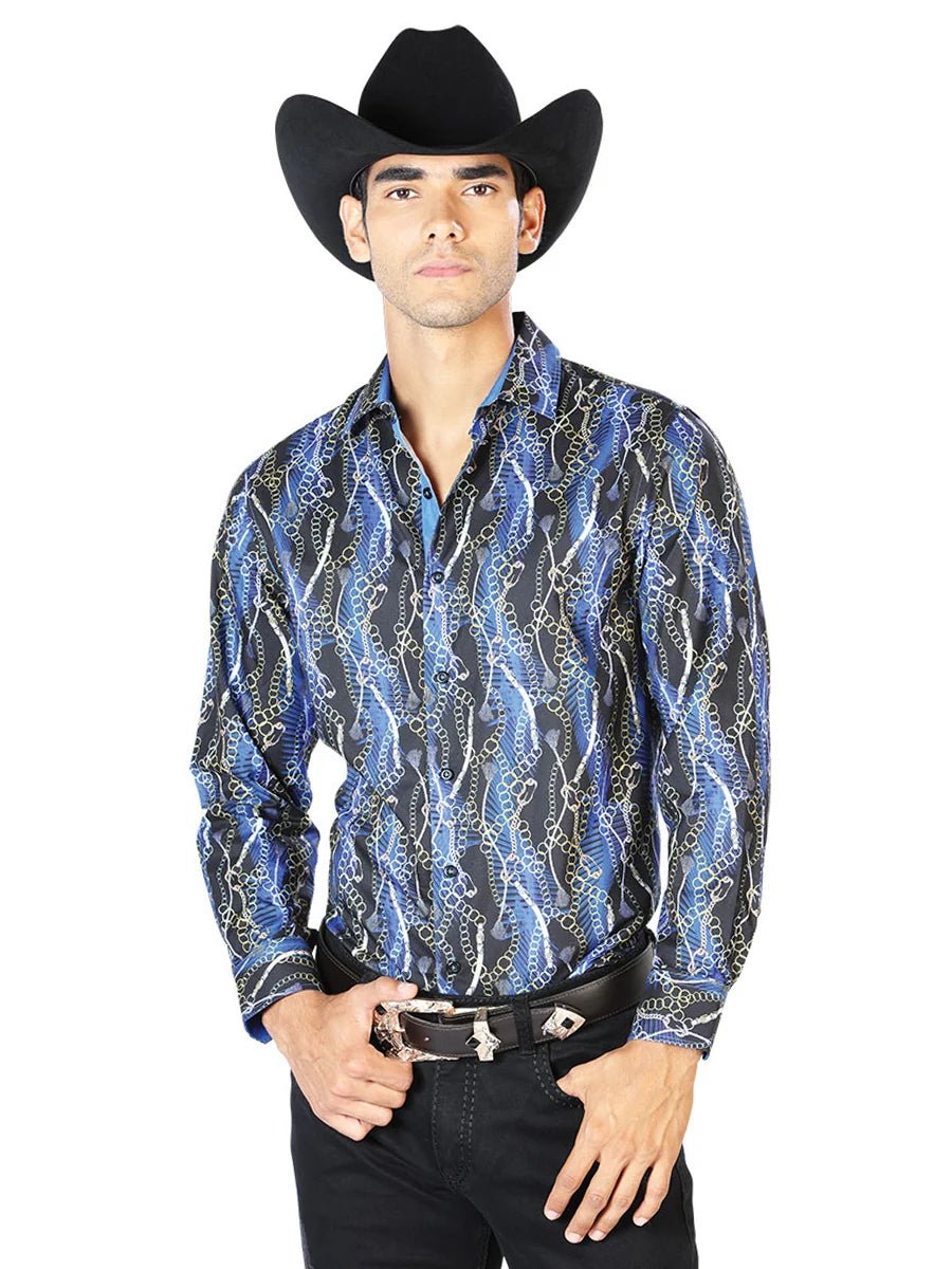 Black And Blue Casual Long Sleeve Shirt 43560 - OriginalWestern.com