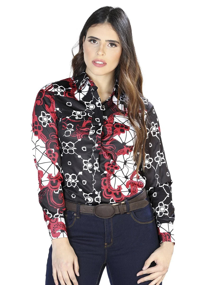 Centenario Womens  Black And Burgundy Printed Long Sleeve Shirt 44078