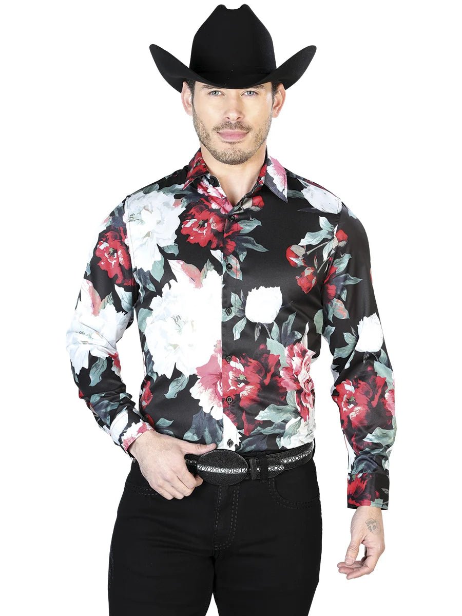 Black And White Flowers Casual Long Sleeve Shirt 43670 - OriginalWestern.com