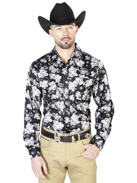 Black Flower Print Casual Long Sleeve Shirt 43960 - OriginalWestern.com