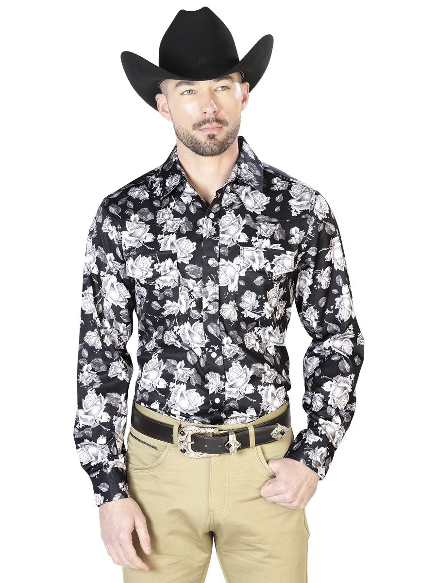 Black Flower Print Casual Long Sleeve Shirt 43960 - OriginalWestern.com