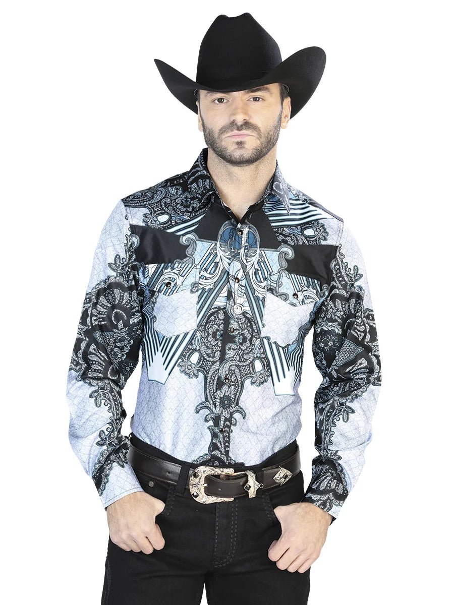 Black Gray Casual Long Sleeve Shirt 44095 - OriginalWestern.com