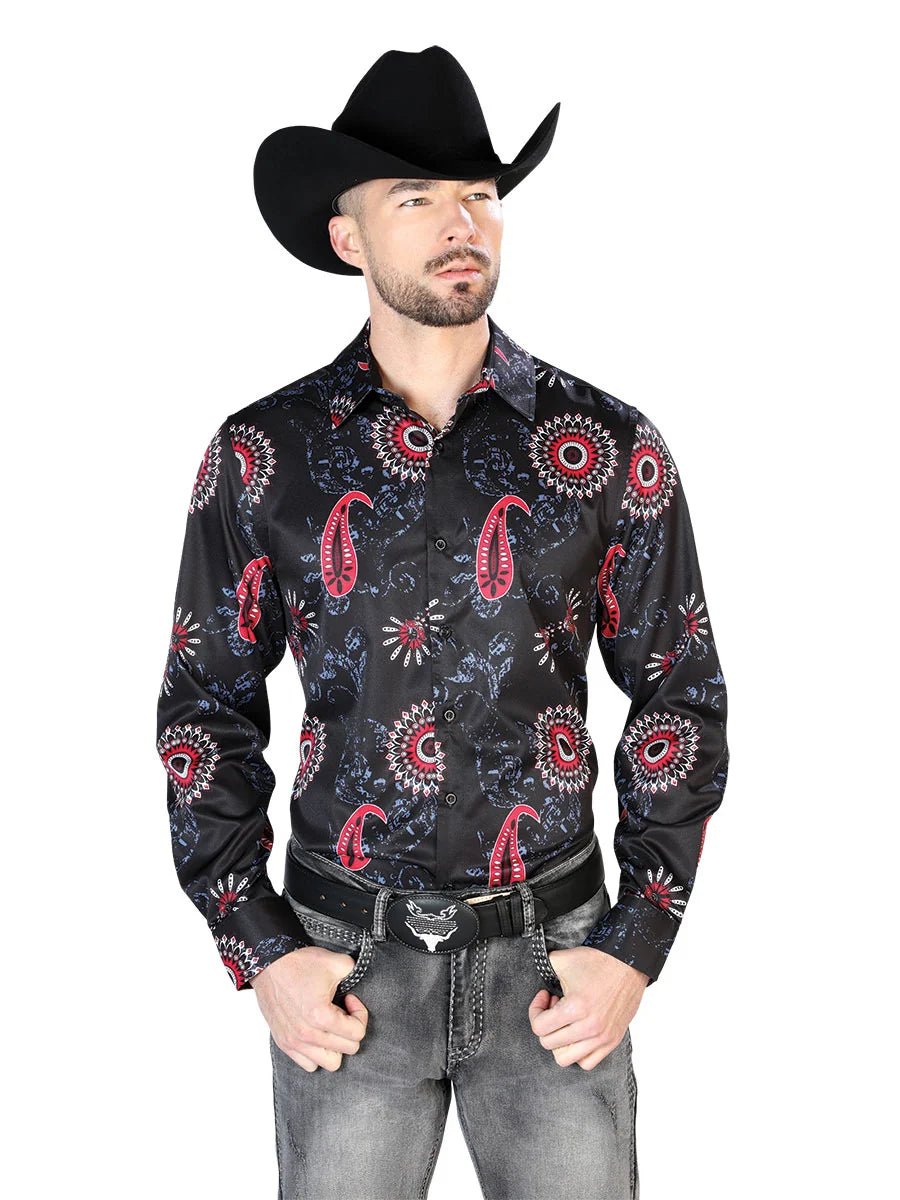 Black Red Casual Long Sleeve Shirt 43673 - OriginalWestern.com