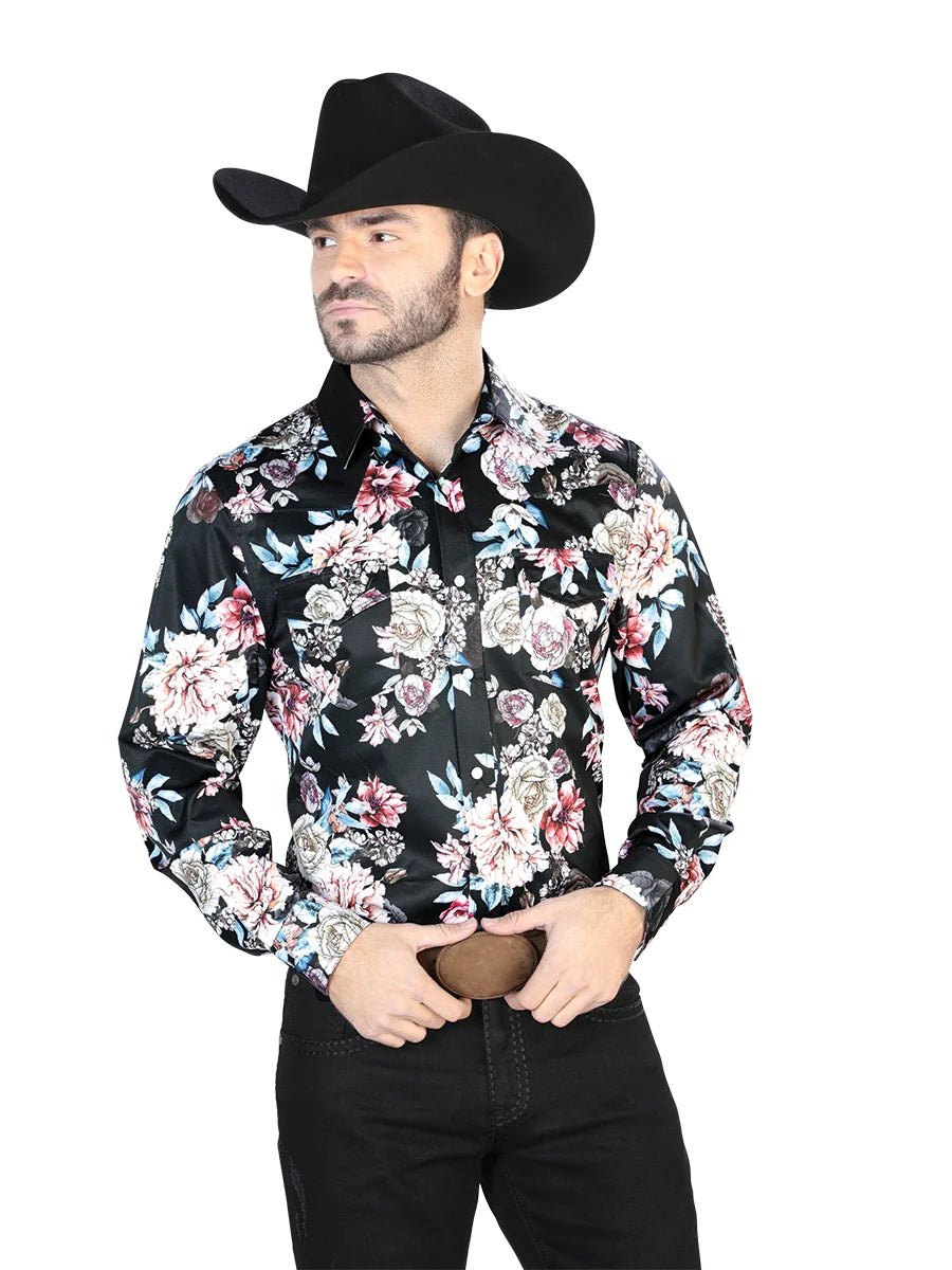 Black/Print Roses Casual Long Sleeve Shirt 44111 - OriginalWestern.com
