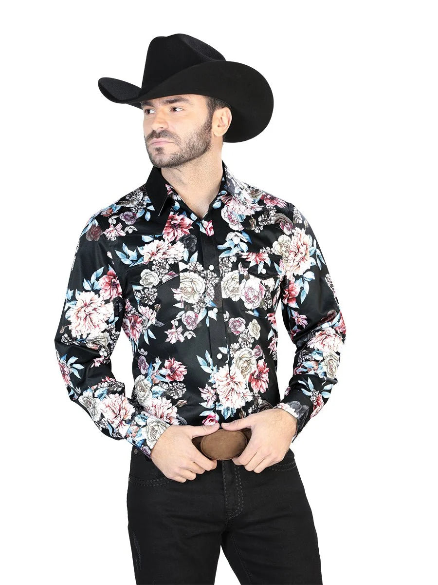 El General- Black/Print Roses Casual Long Sleeve Shirt 44111