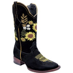 White Diamonds Women's Sunflower Embroidered Nubuck Square Toe Cowgirl Boots – Black