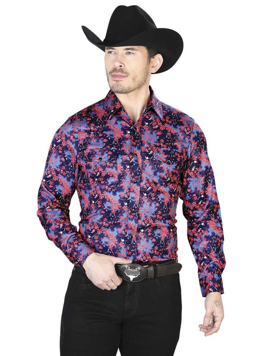 Blue And Red Casual Long Sleeve Shirt 43956 - OriginalWestern.com