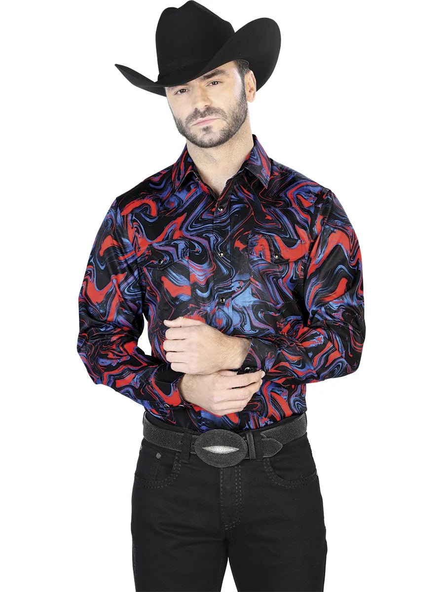 Blue And Red Casual Long Sleeve Shirt 44080 - OriginalWestern.com