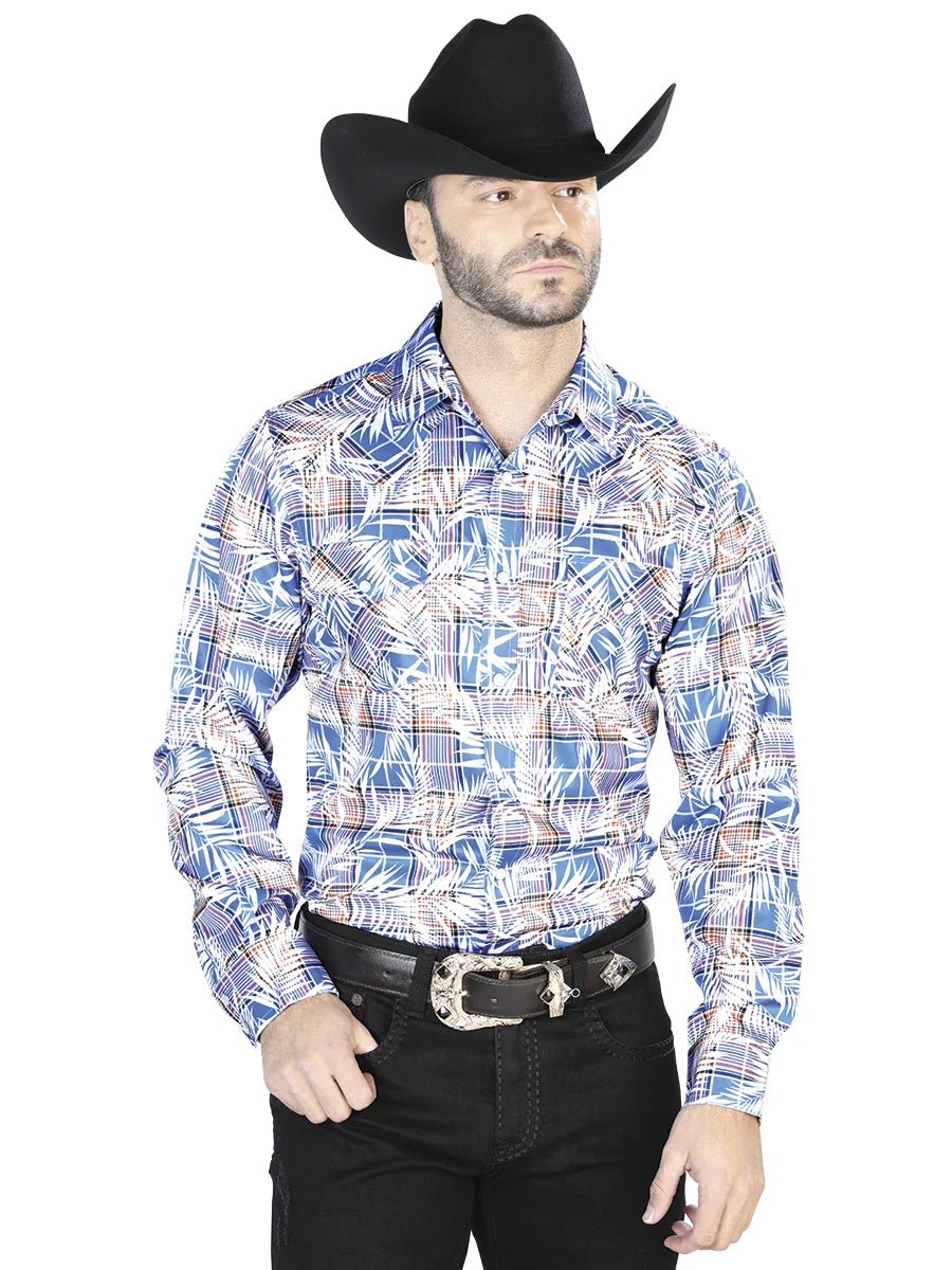 Blue And White Casual Long Sleeve Shirt 44086 - OriginalWestern.com