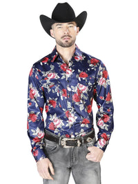 Blue Flower Print Casual Long Sleeve Shirt 43937 - OriginalWestern.com