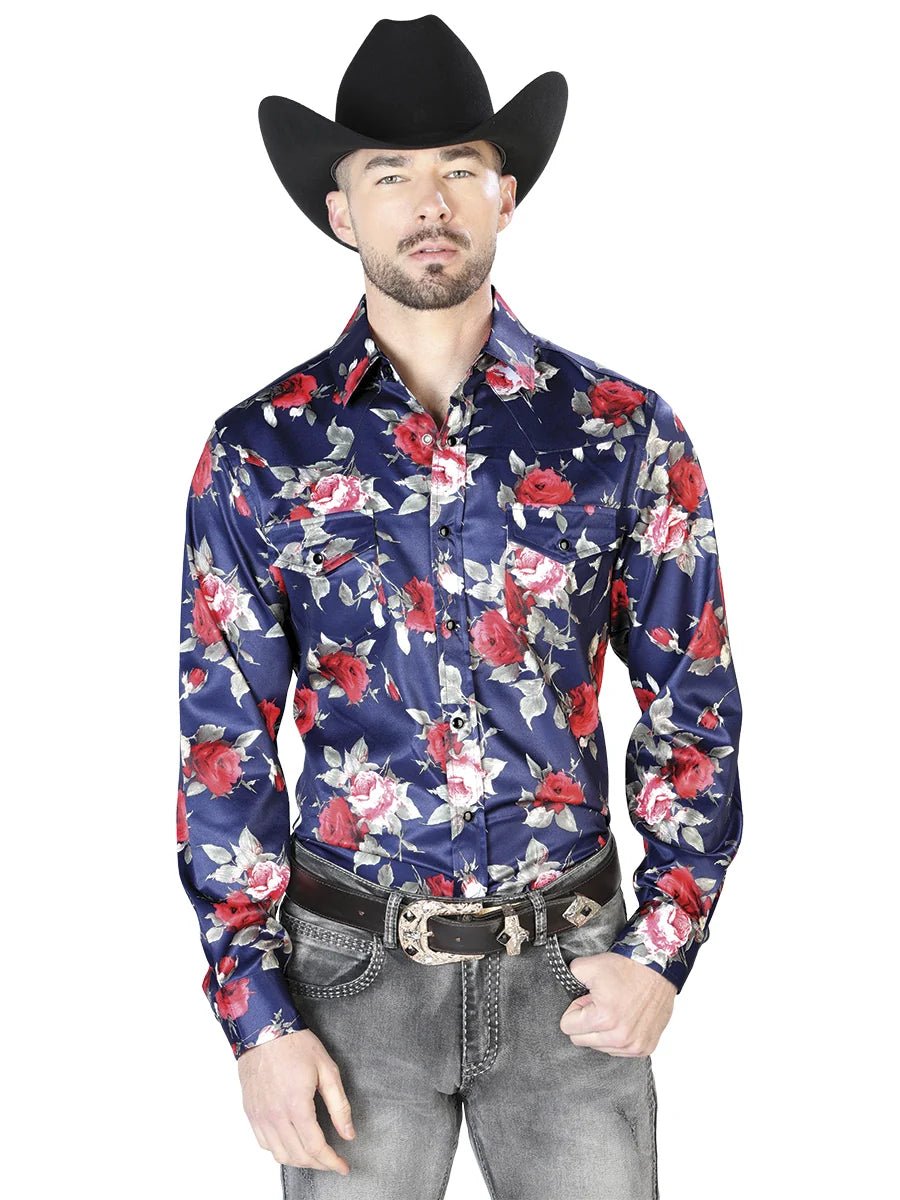 Blue Flower Print Casual Long Sleeve Shirt 43937 - OriginalWestern.com