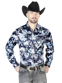 Blue Flower Print Casual Long Sleeve Shirt 43958 - OriginalWestern.com