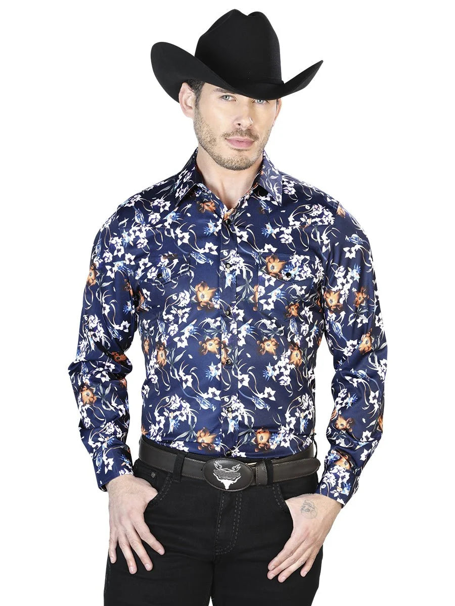 El General - Casual Long Sleeve Shirt- Blue Flowers 43957