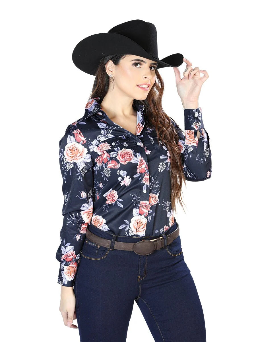 Centenario Womens  Blue Rose Print Long Sleeve Shirt 44090