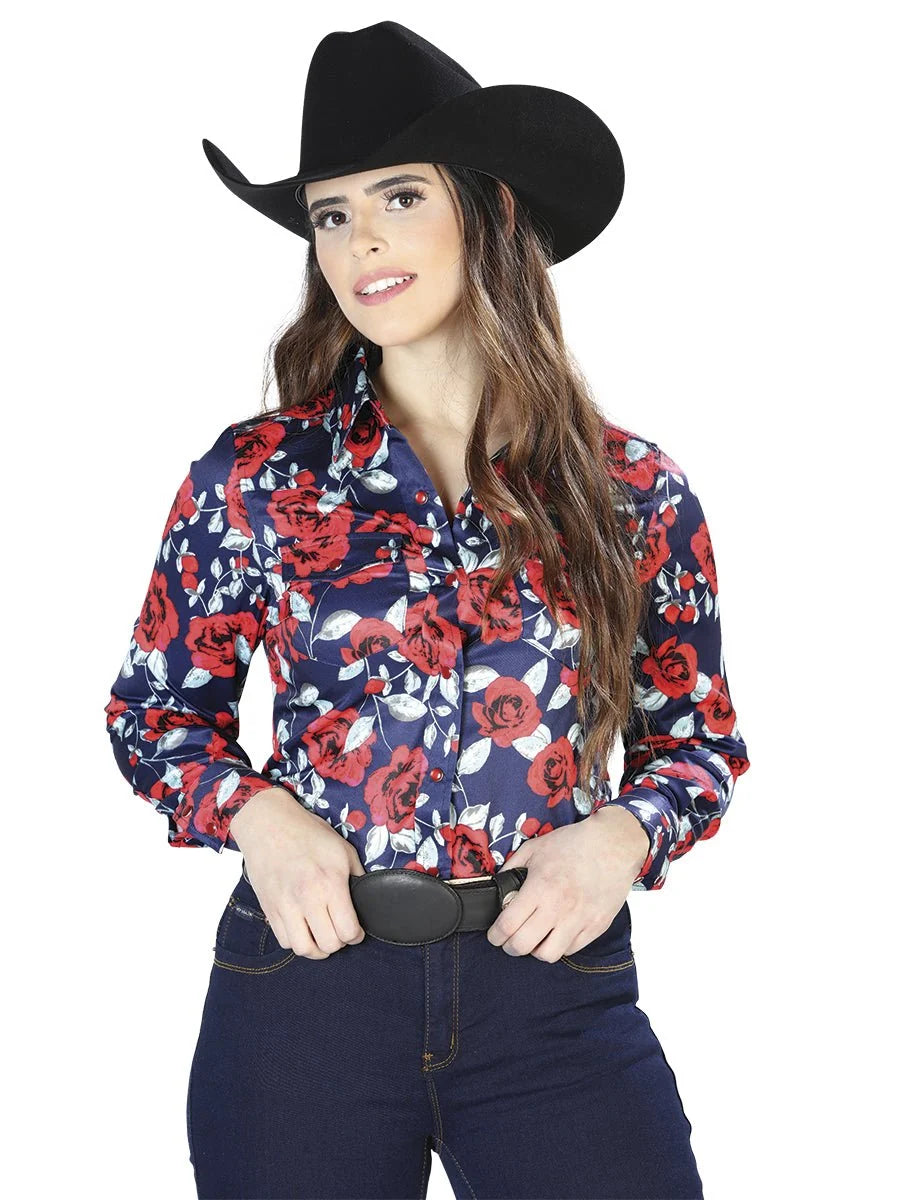 Centenario Womens  Blue Rose Print Long Sleeve Shirt 44112