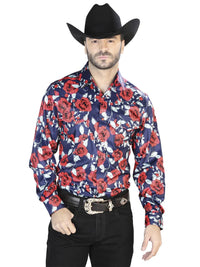 Blue With Print Roses Casual Long Sleeve Shirt 44098 - OriginalWestern.com