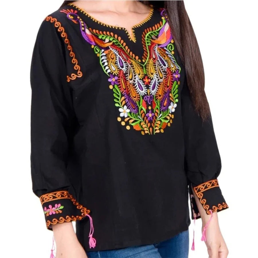 Impormexico Womens Handmade Embroidered Blouse for Women Black Color with Peacock IMP-77531