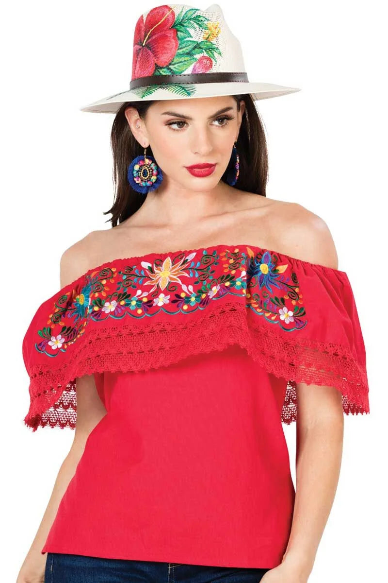 El General Women’s Blusa México Artesanal 603052 Roja Campesina