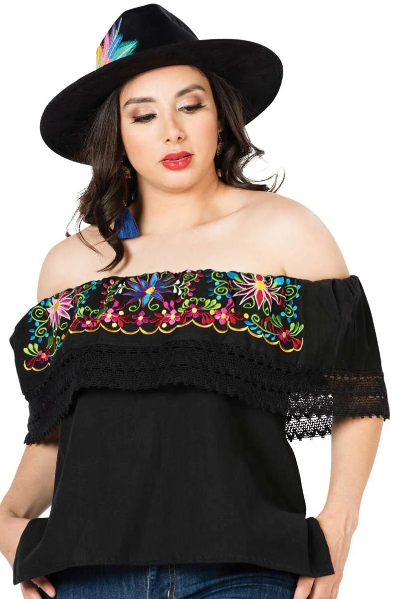El General Women’s Blusa México Artesanal 603053 Negra Campesina