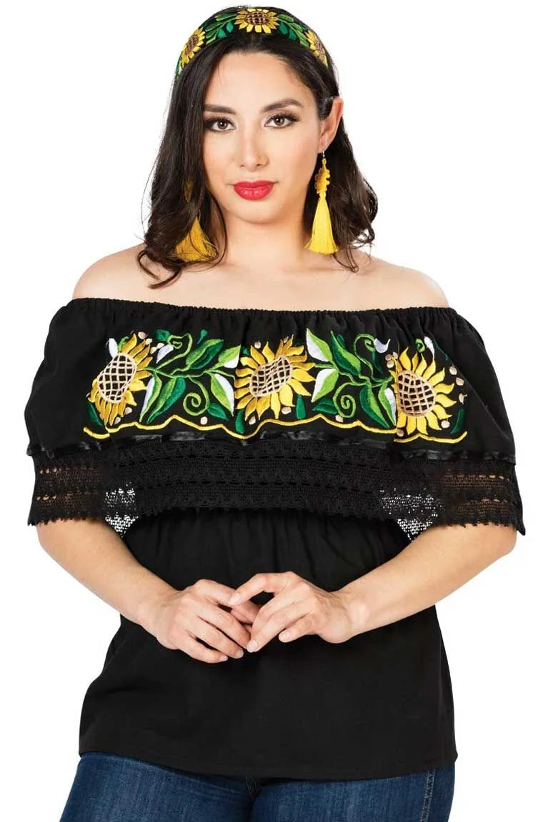 El General Women’s Blusa Artesanal Girasoles 603062 Negra