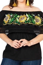 El General Women’s Blusa Artesanal Girasoles 603062 Negra