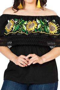 El General Women’s Blusa Artesanal Girasoles 603062 Negra